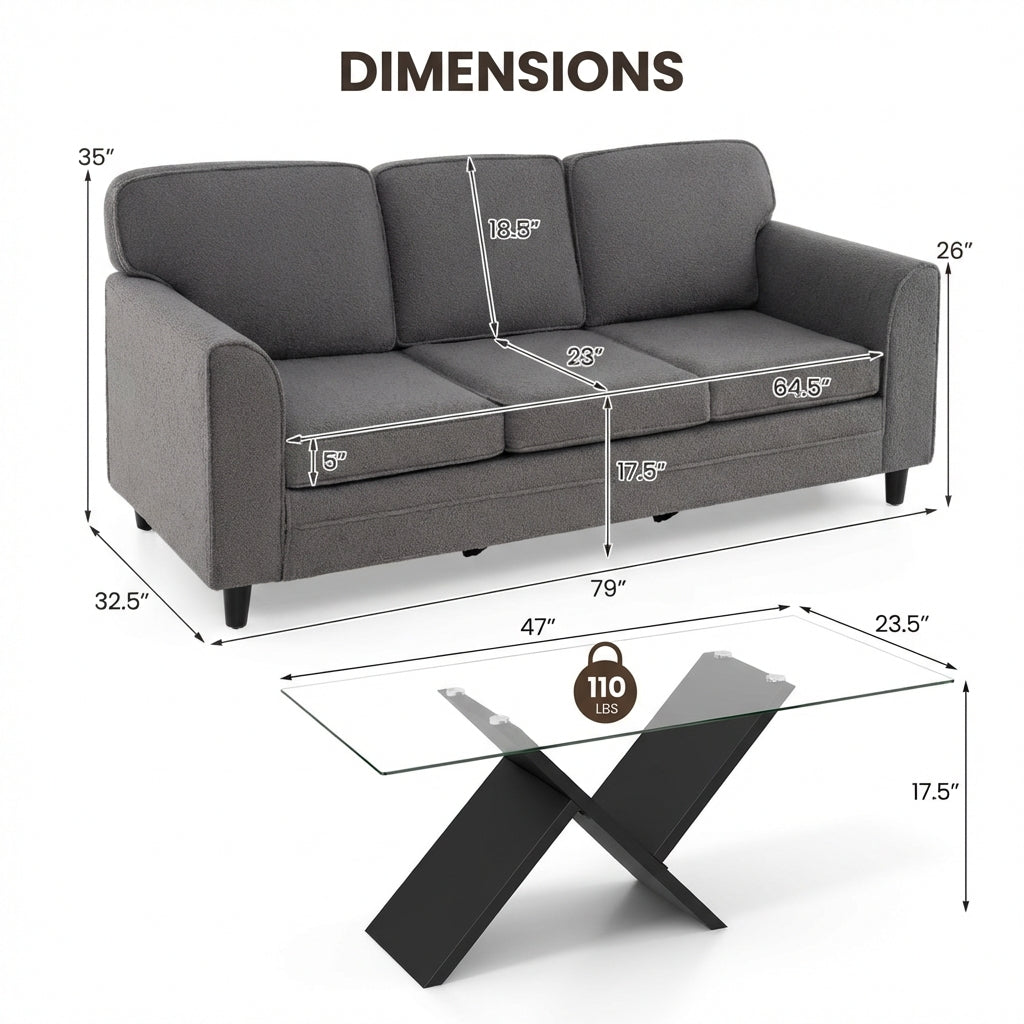 Juego de muebles para sala de estar contemporánea: sofá moderno de terciopelo Teddy de 3 plazas + mesa de centro de vidrio de 47 pulgadas