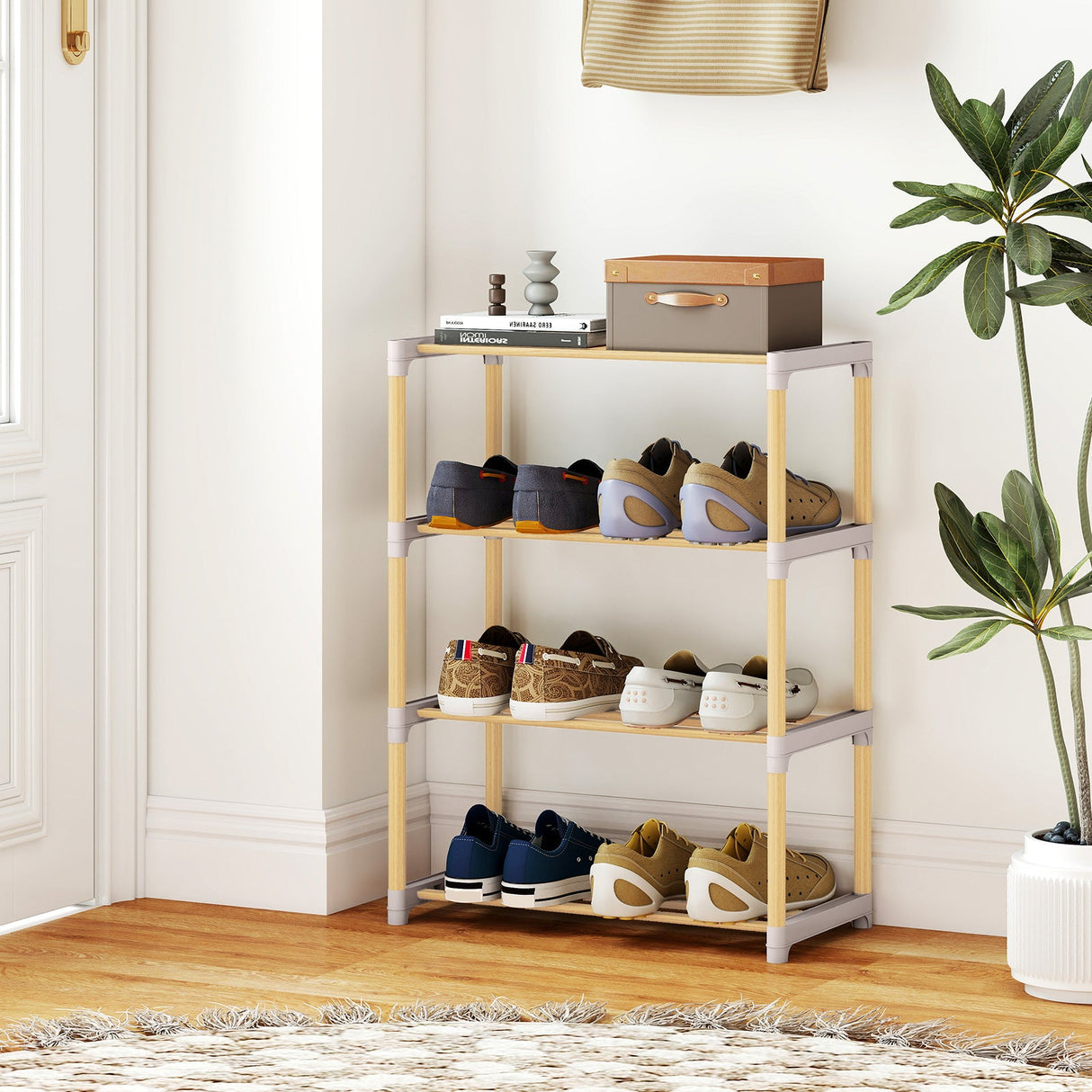 Zapatero de Madera Maciza de 4 Niveles con Estantes Abiertos con Lamas-Gris