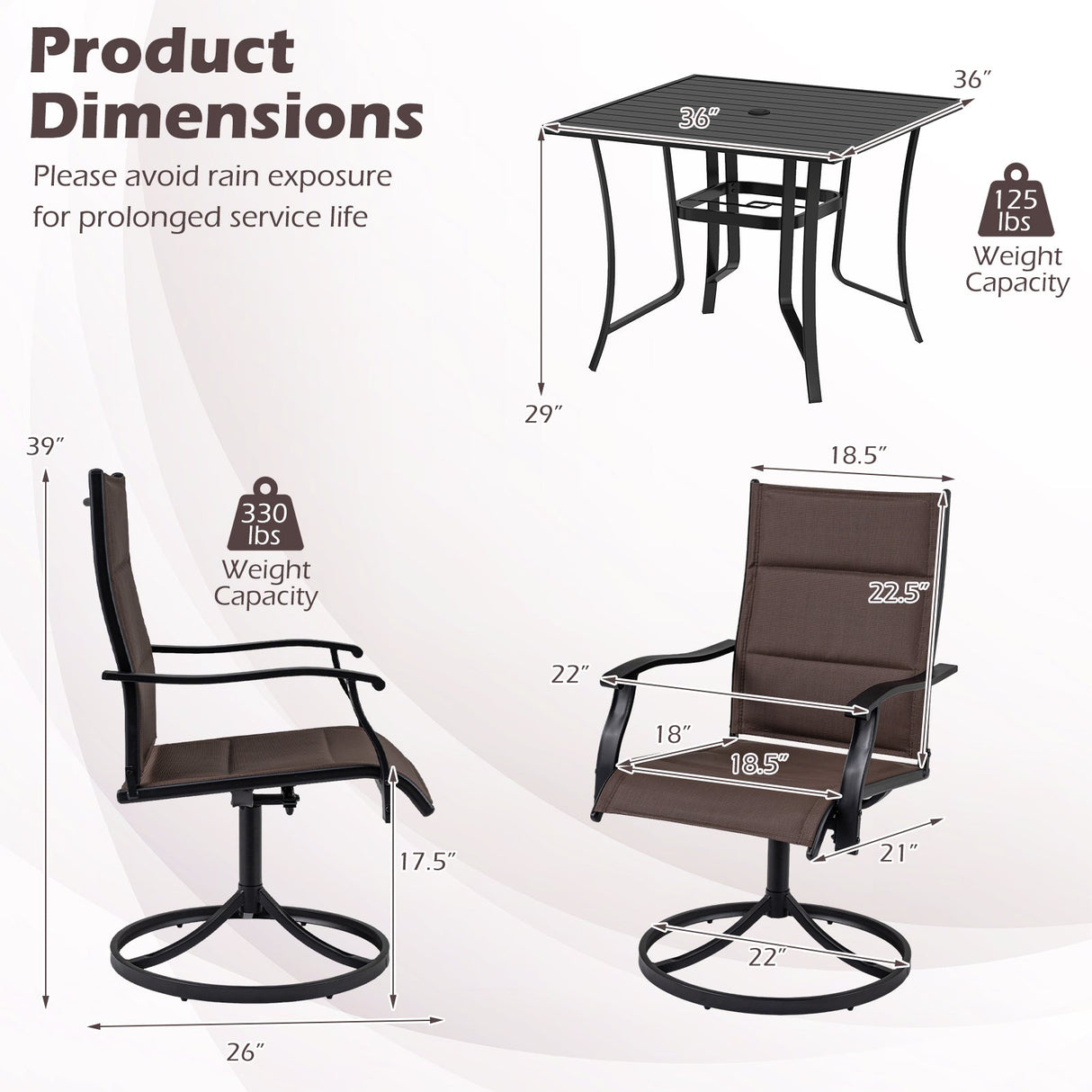 5 Pieces Outdoor Dining Set with 4 Swivel Chairs and 36 Inch Square Patio Table