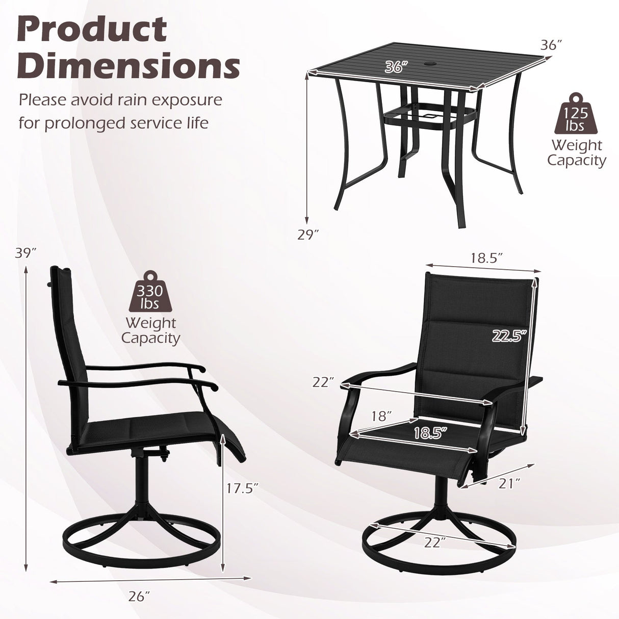 5 Pieces Outdoor Dining Set with 4 Swivel Chairs and 36 Inch Square Patio Table