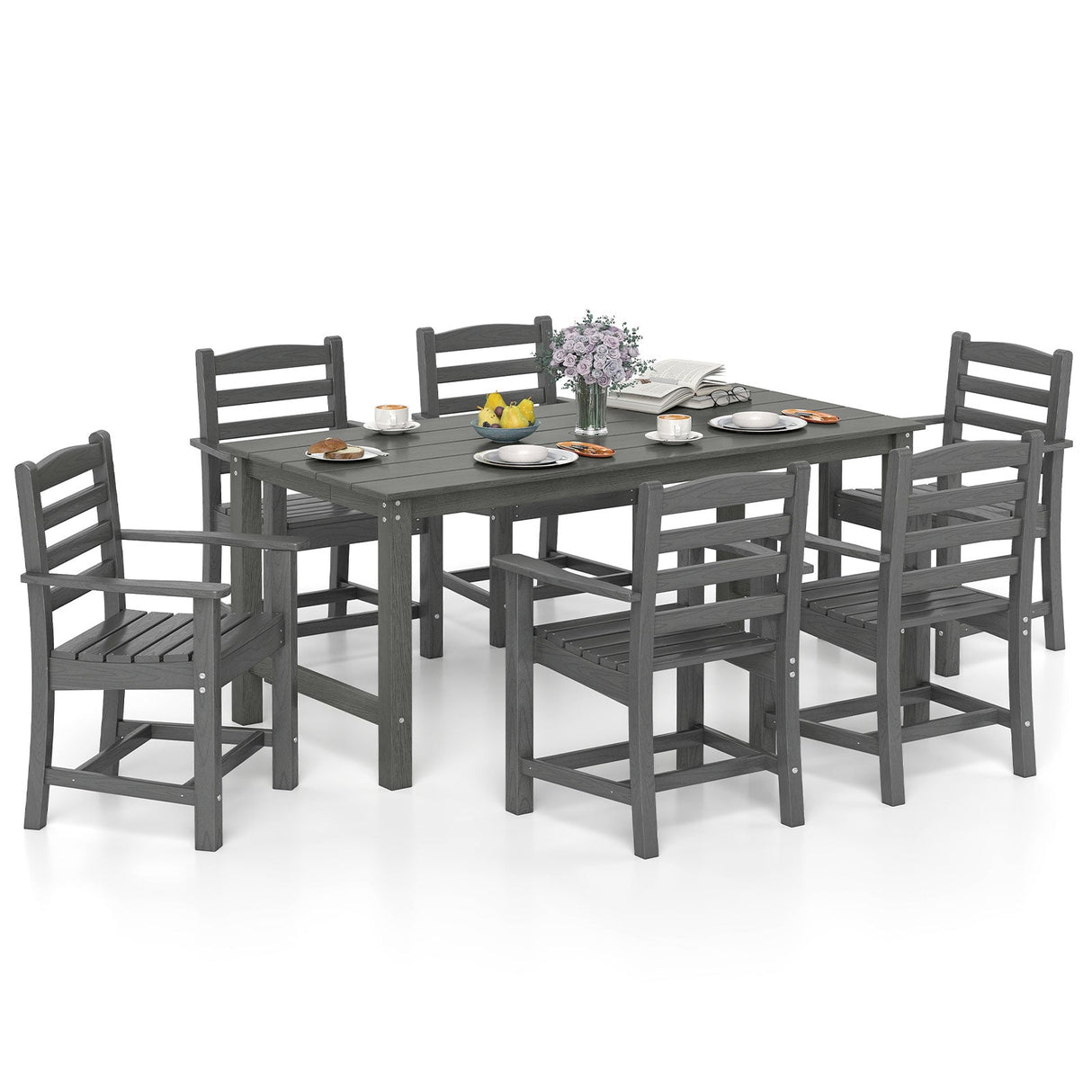 Juego de comedor de exterior de 7 piezas para 6 personas, mesa rectangular de HDPE de 67 pulgadas para patio y 6 sillones