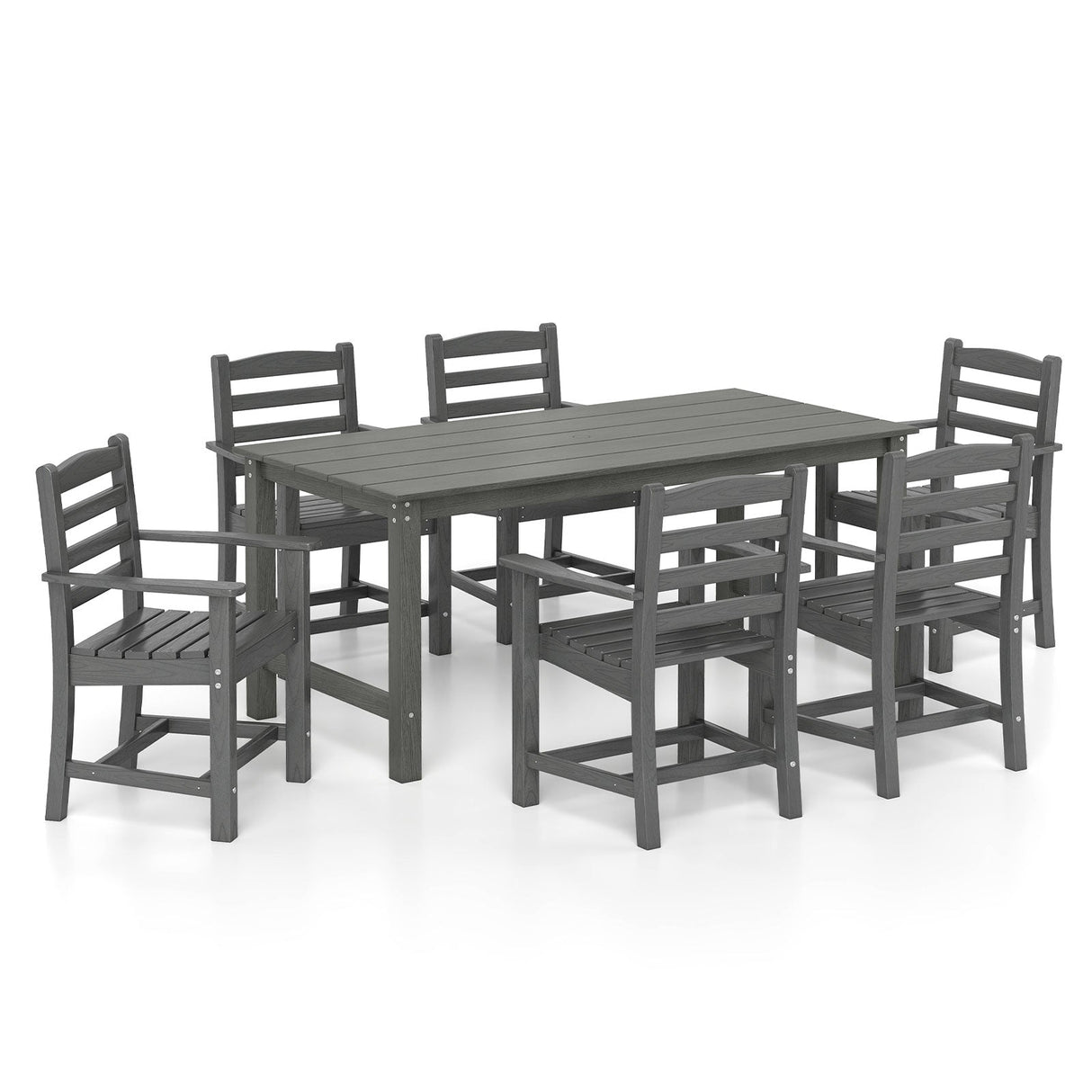 Juego de comedor de exterior de 7 piezas para 6 personas, mesa rectangular de HDPE de 67 pulgadas para patio y 6 sillones
