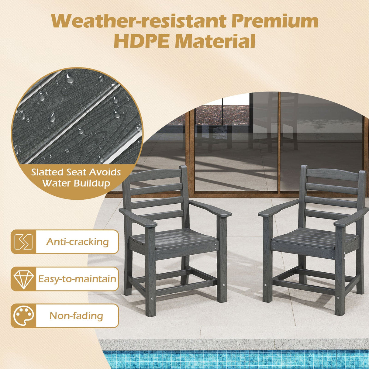 Juego de comedor de exterior de 7 piezas para 6 personas, mesa rectangular de HDPE de 67 pulgadas para patio y 6 sillones