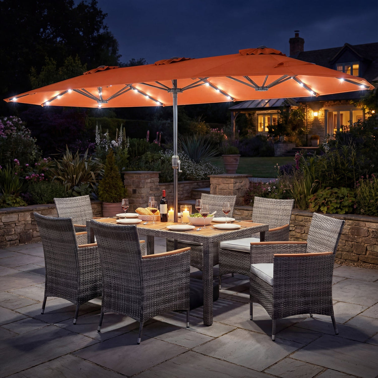 Muebles de comedor de mimbre para exterior de 8 piezas y sombrilla de patio de doble cara de 13.5 pies