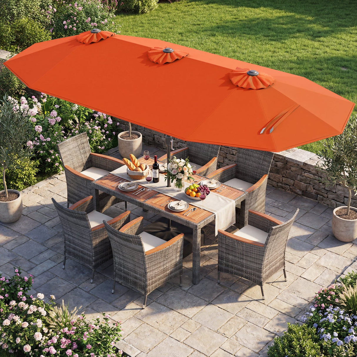 Muebles de comedor de mimbre para exterior de 8 piezas y sombrilla de patio de doble cara de 13.5 pies
