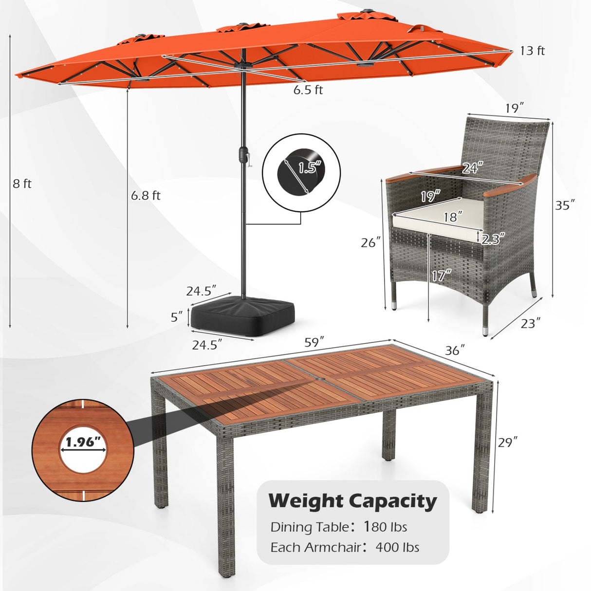 Muebles de comedor de mimbre para exterior de 8 piezas y sombrilla de patio de doble cara de 13.5 pies