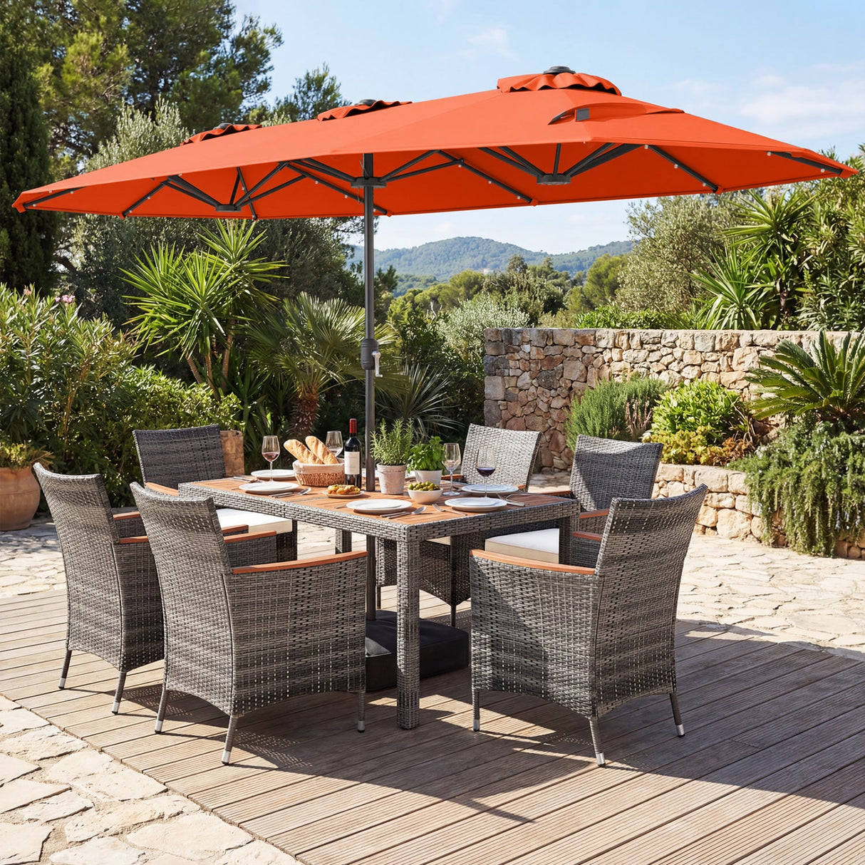 Muebles de comedor de mimbre para exterior de 8 piezas y sombrilla de patio de doble cara de 13.5 pies