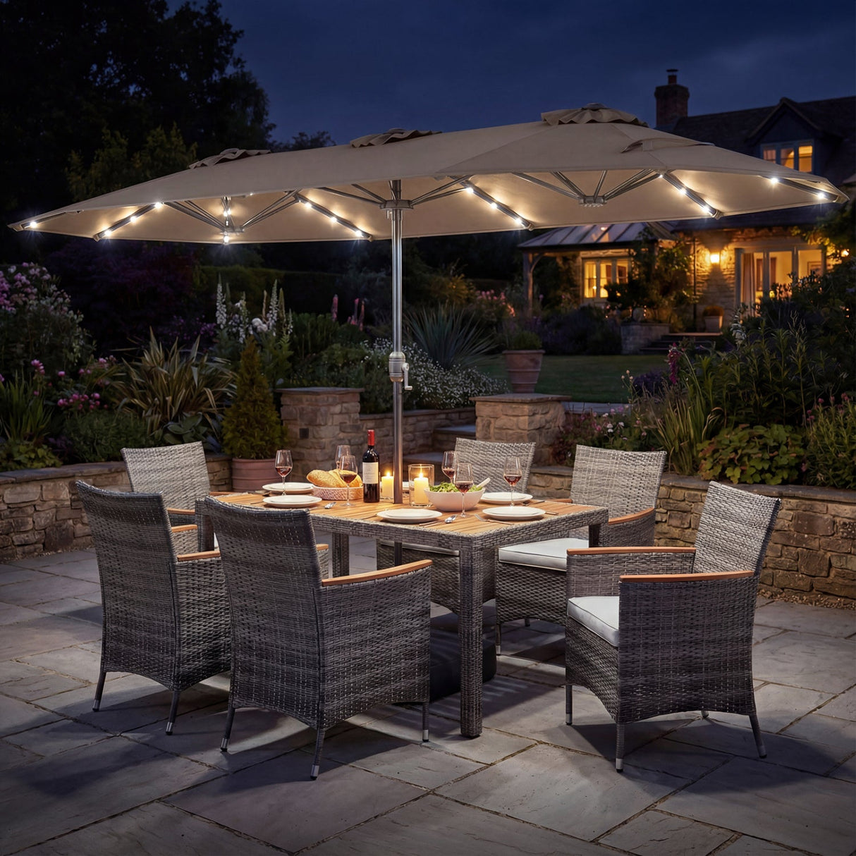 Muebles de comedor de mimbre para exterior de 8 piezas y sombrilla de patio de doble cara de 13.5 pies