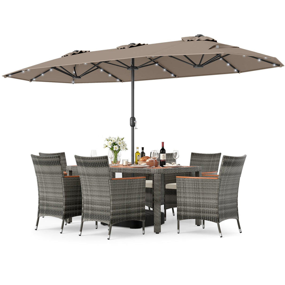 Muebles de comedor de mimbre para exterior de 8 piezas y sombrilla de patio de doble cara de 13.5 pies