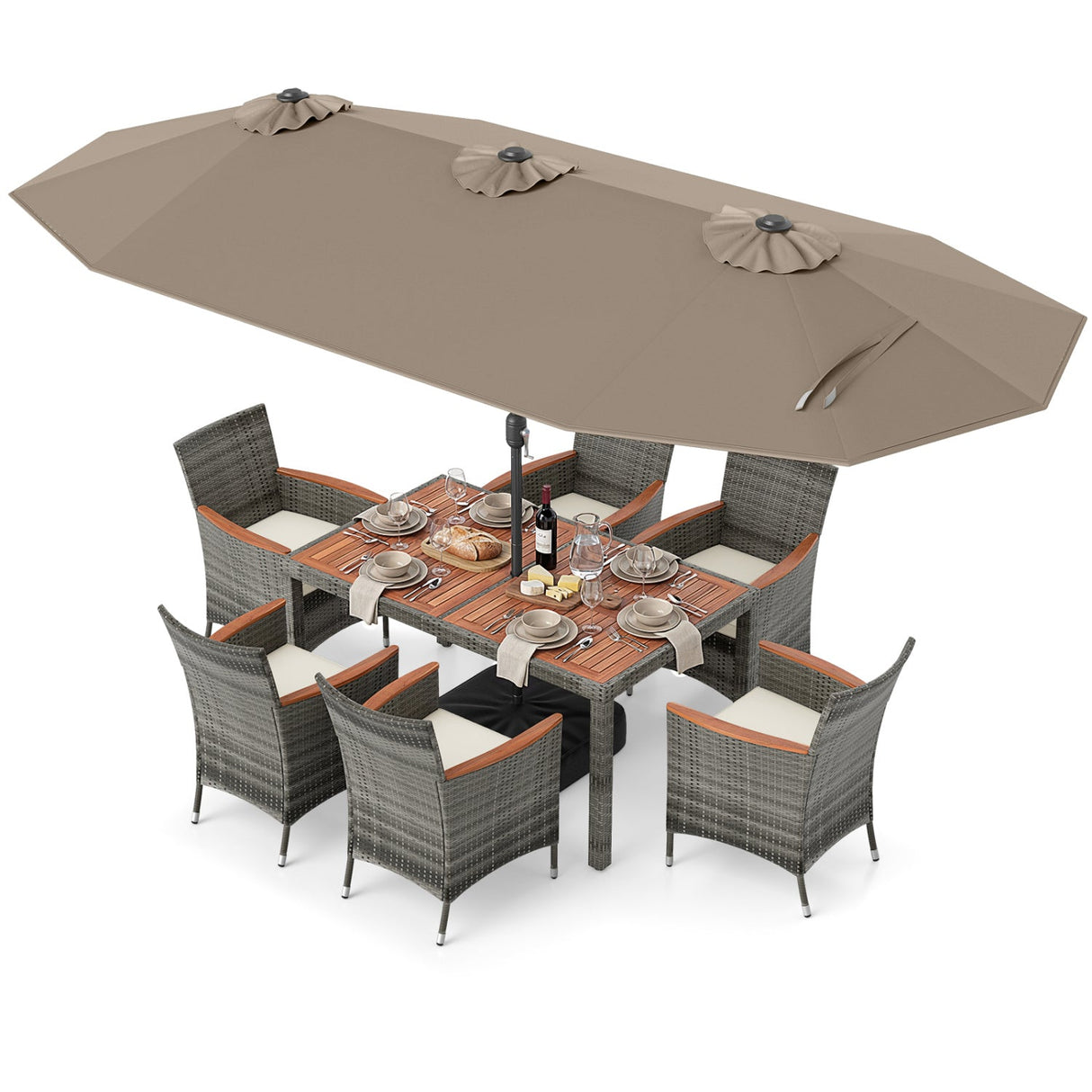 Muebles de comedor de mimbre para exterior de 8 piezas y sombrilla de patio de doble cara de 13.5 pies