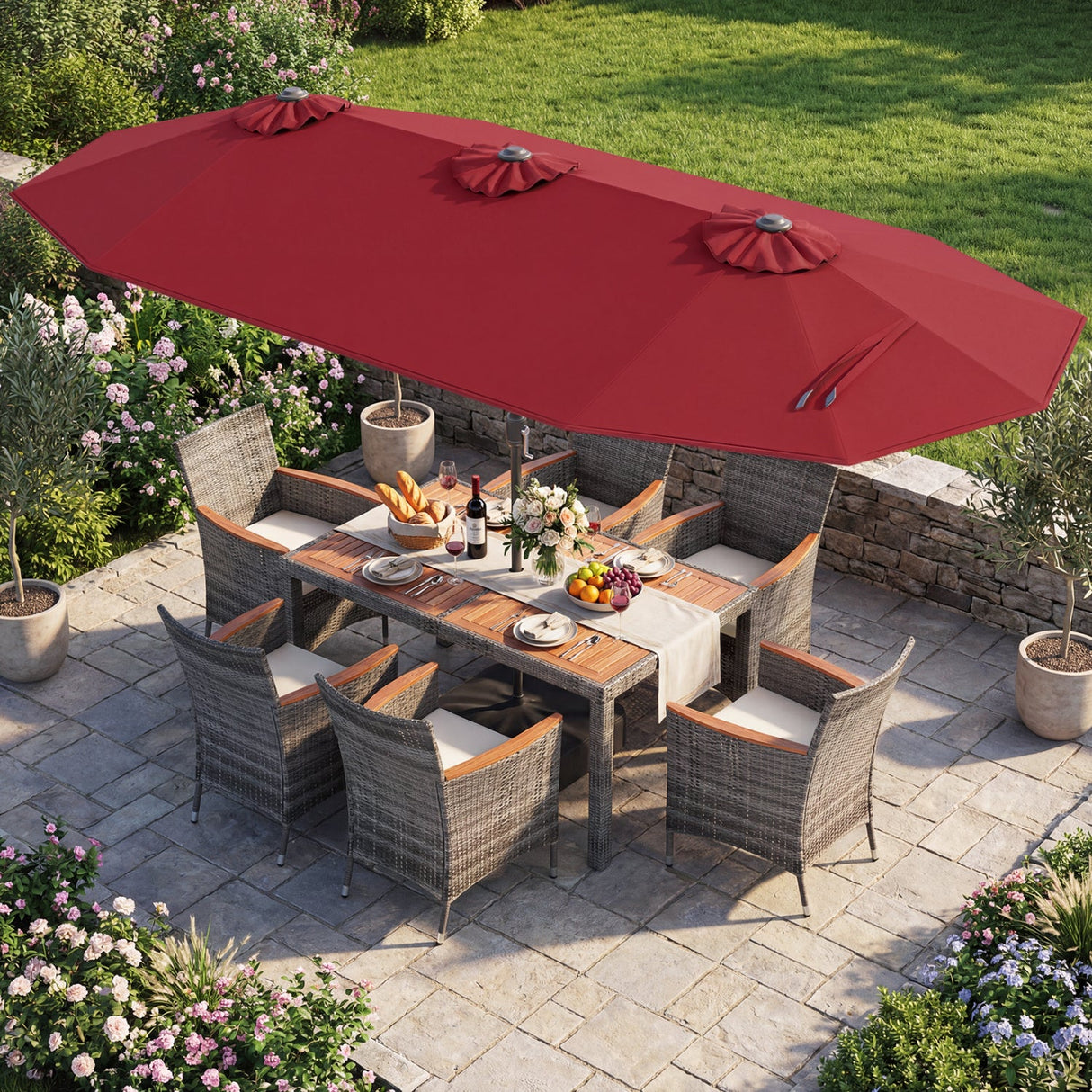 Muebles de comedor de mimbre para exterior de 8 piezas y sombrilla de patio de doble cara de 13.5 pies