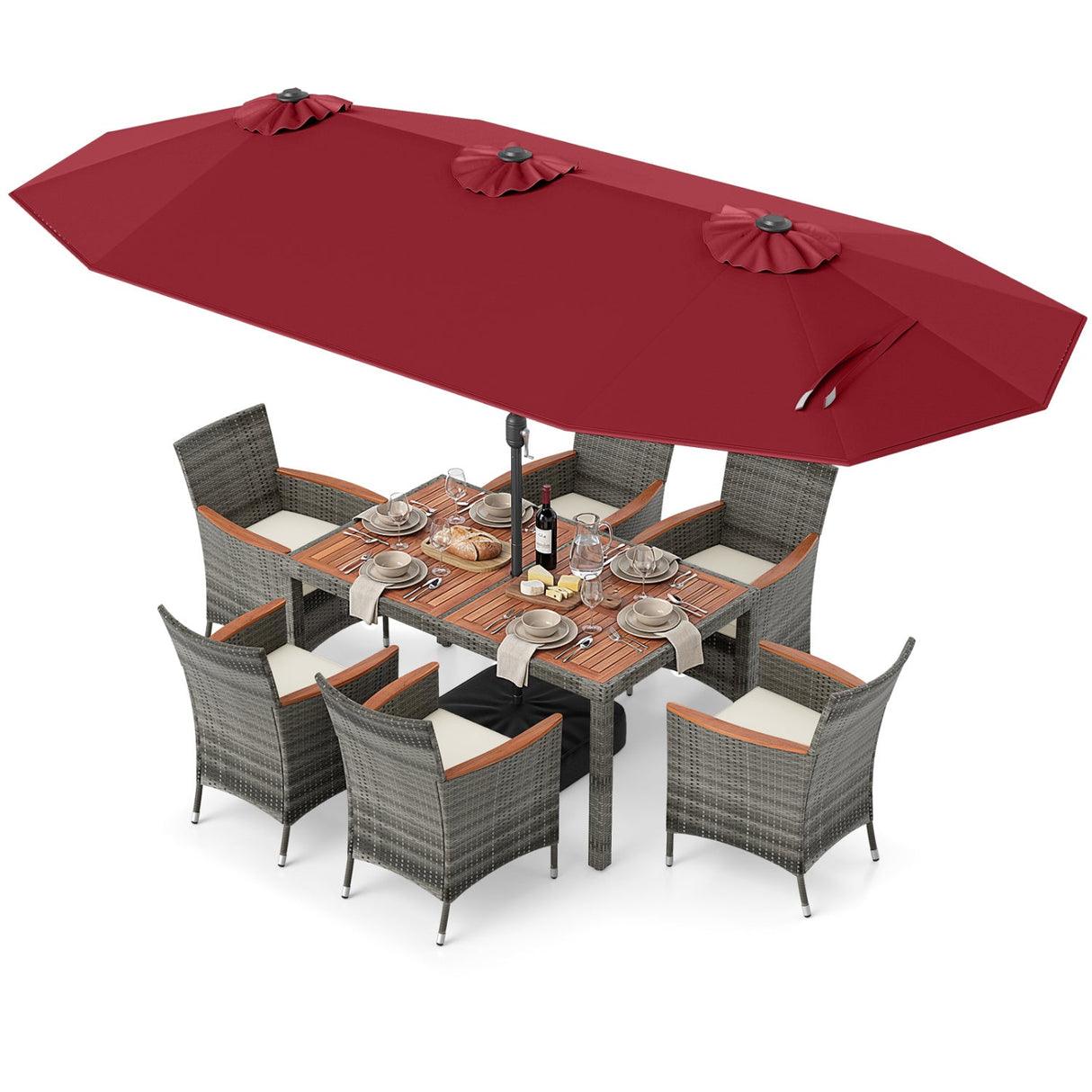 Muebles de comedor de mimbre para exterior de 8 piezas y sombrilla de patio de doble cara de 13.5 pies