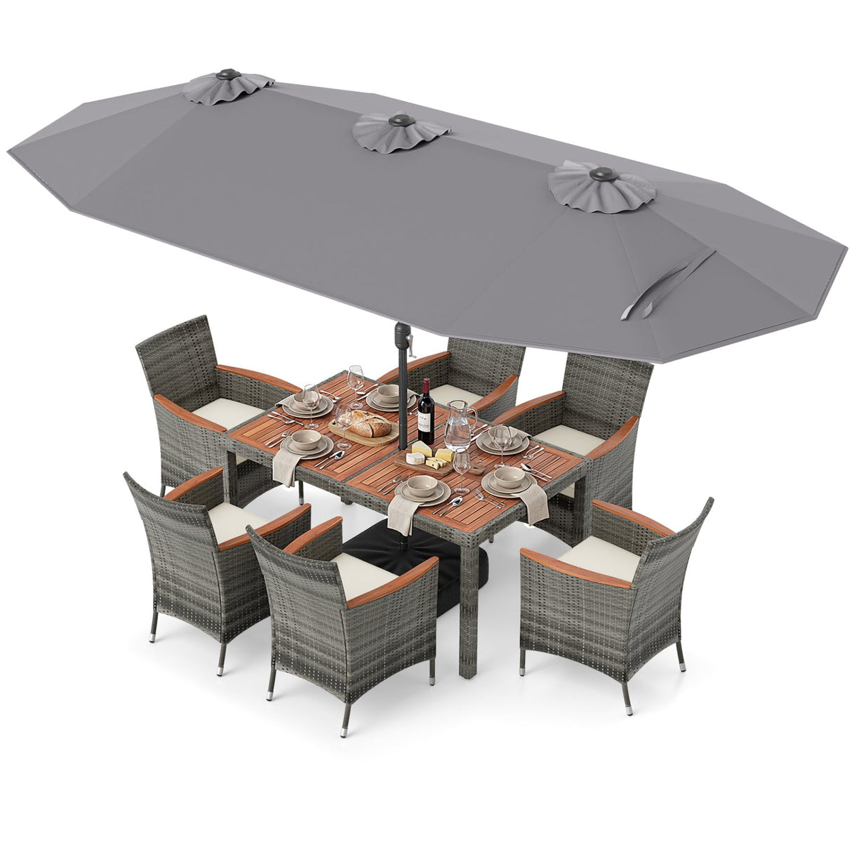 Muebles de comedor de mimbre para exterior de 8 piezas y sombrilla de patio de doble cara de 13.5 pies