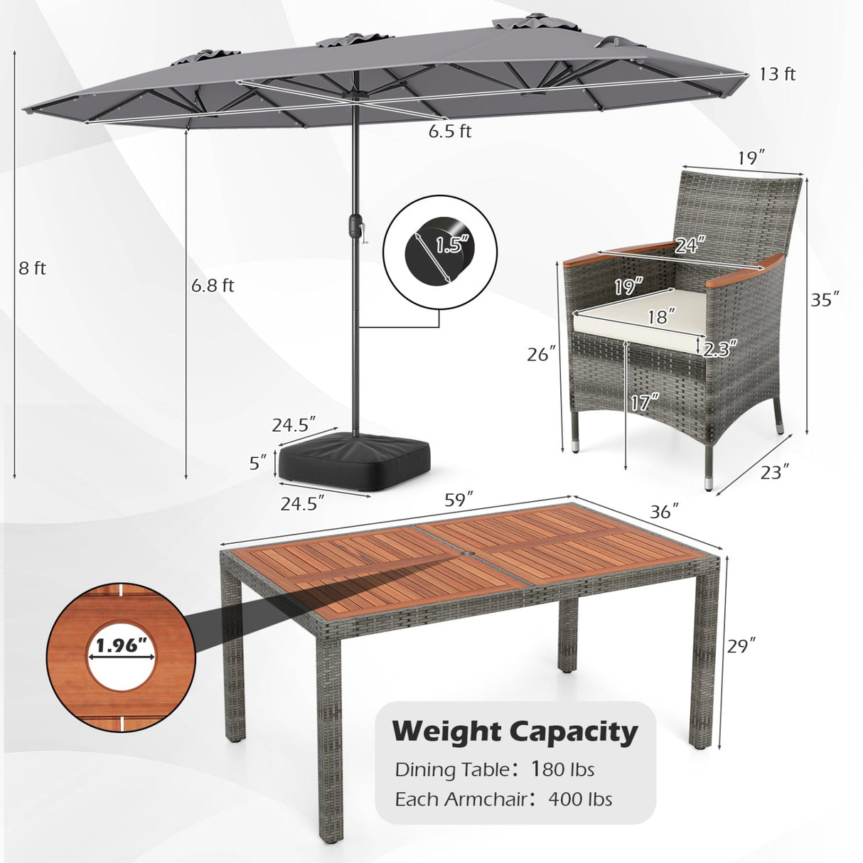 Muebles de comedor de mimbre para exterior de 8 piezas y sombrilla de patio de doble cara de 13.5 pies