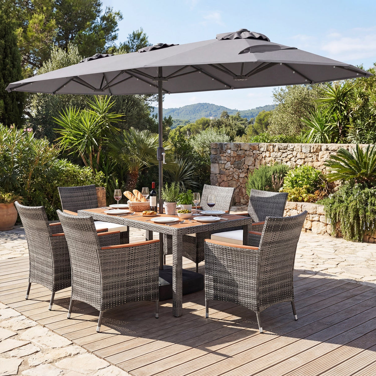 Muebles de comedor de mimbre para exterior de 8 piezas y sombrilla de patio de doble cara de 13.5 pies