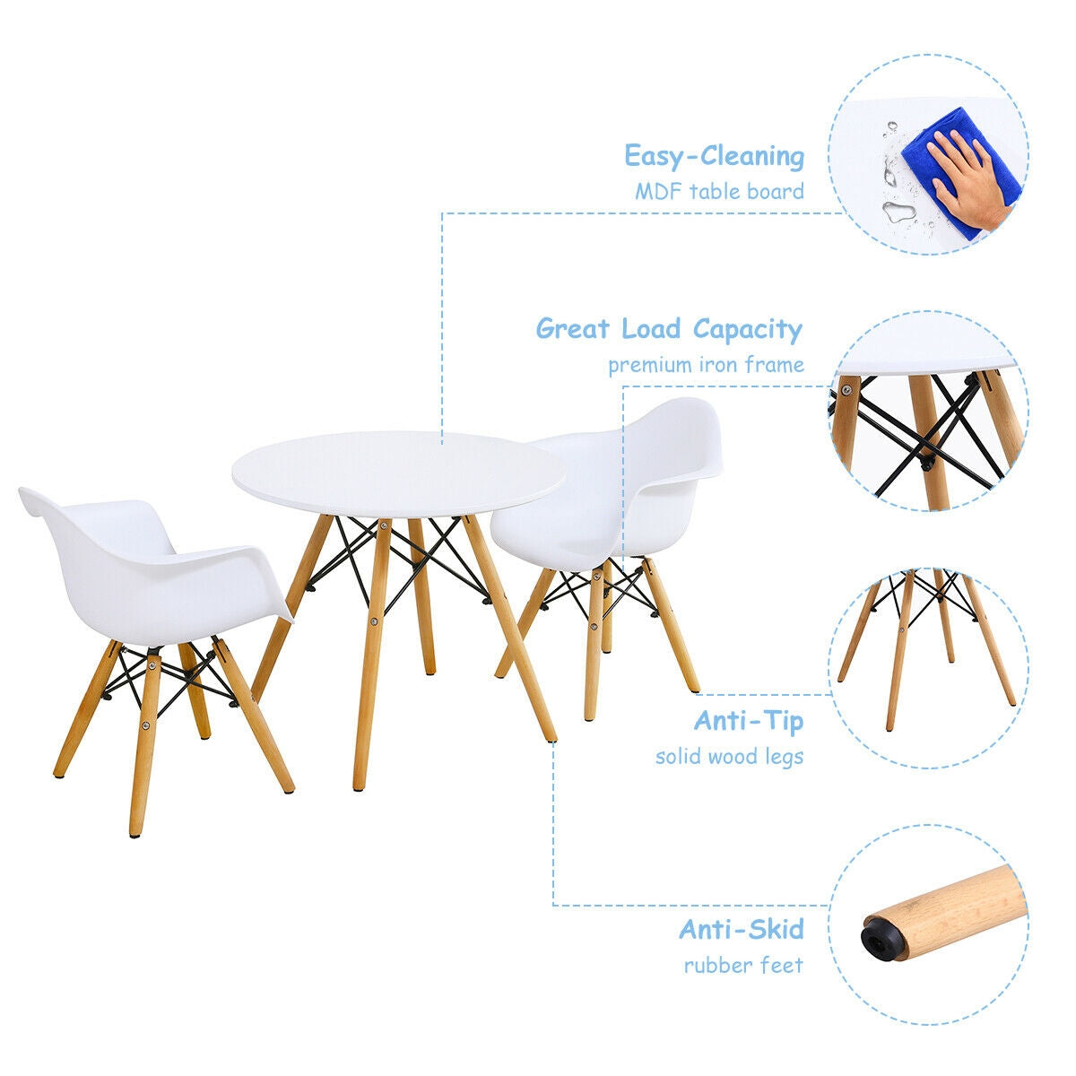 Juego de 3 piezas de mesa y sillas redondas modernas para niños