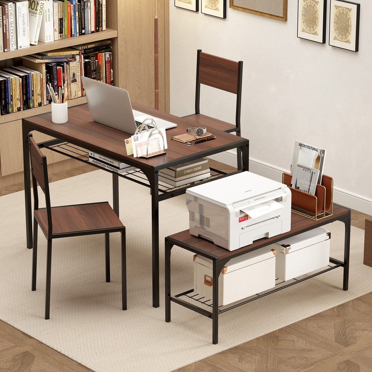 Industrial Style Rectangular Kitchen Table with Bench and Chairs