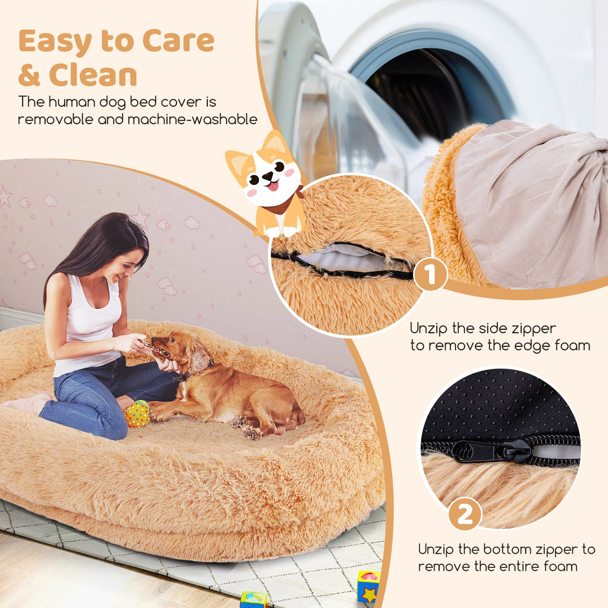 Cama Lavable y Esponjosa para Perros (Humanos) con Manta Suave y Almohada Mullida