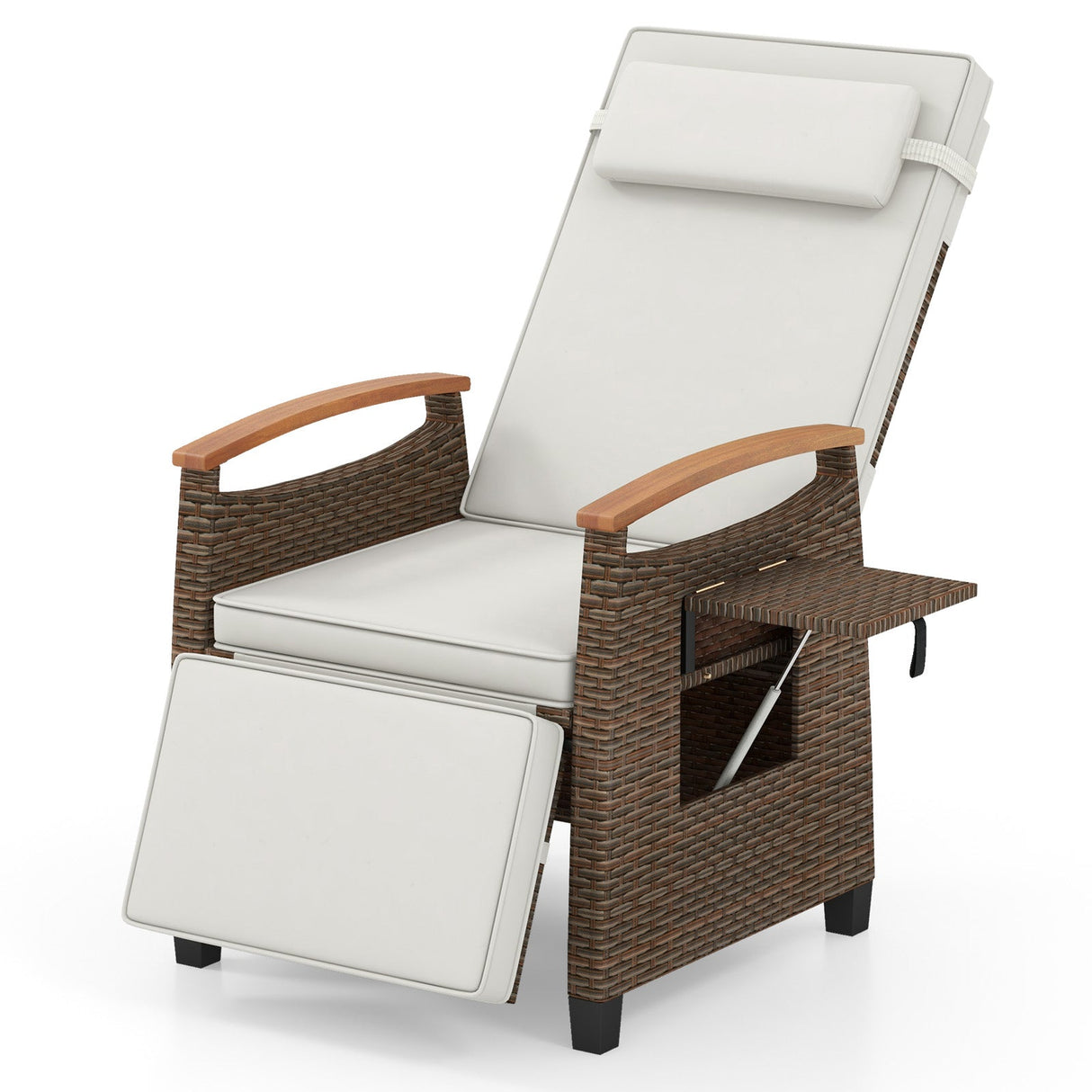 Sillón reclinable de mimbre para patio con respaldo y reposapiés ajustables