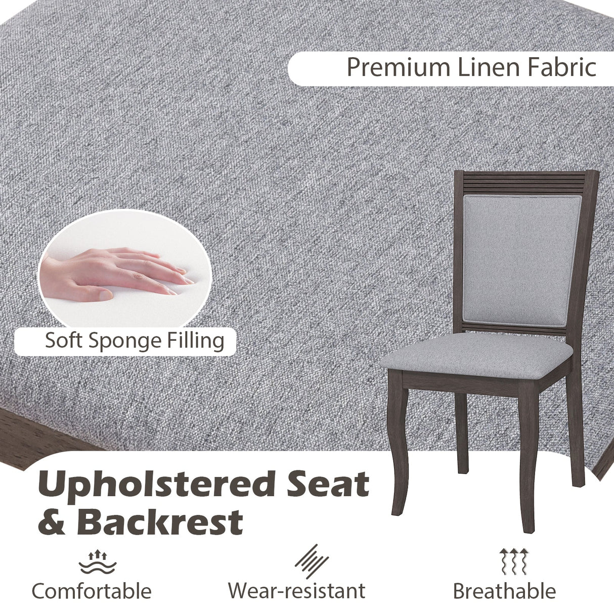 Wood Dining Chairs Set of 2 with Rubber Wood Frame and Padded Seat-Brown