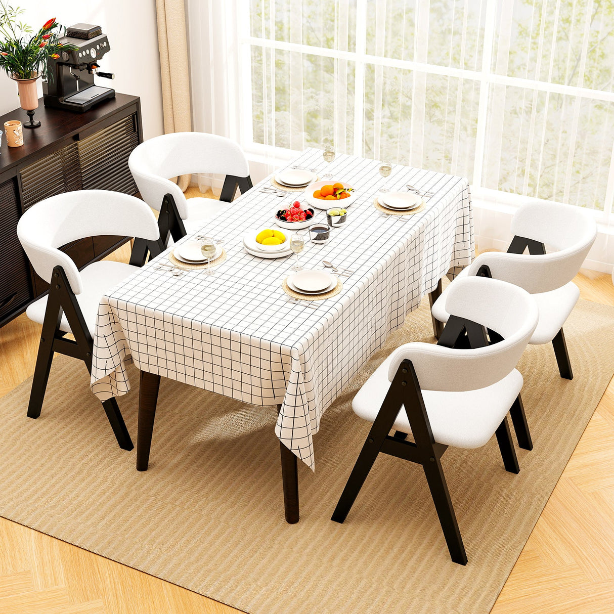 Wooden Dining Chair Set of 4 Mid-Century Modern Sherpa Upholstered Kitchen Dining Room Chairs