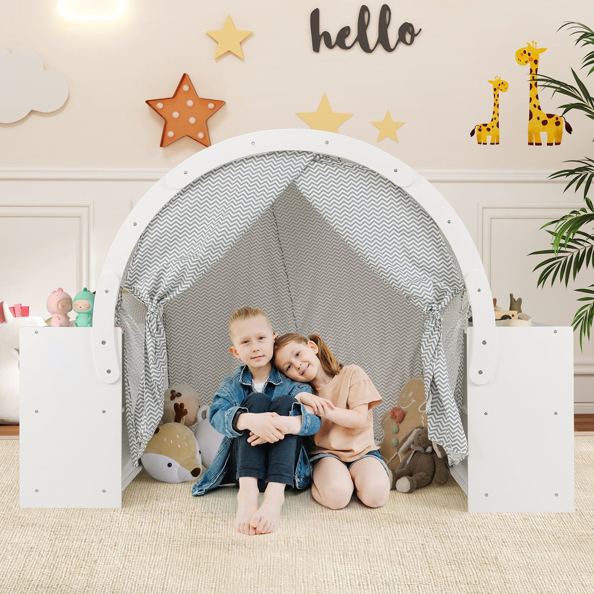 Tienda de juegos de madera para niños con cortinas y 8 cubículos - Blanca
