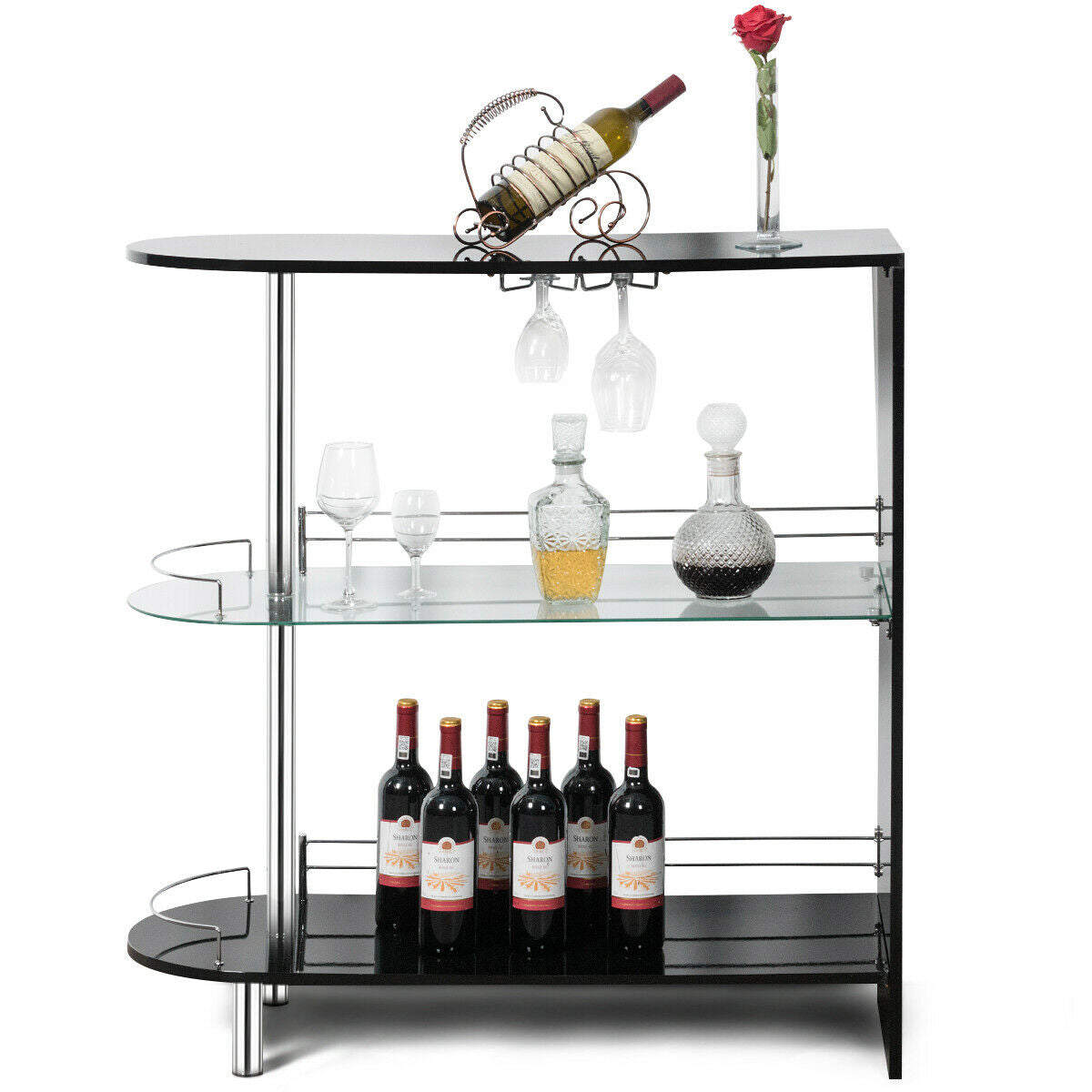 Mesa de bar de 2 portavasos con estante de vidrio templado