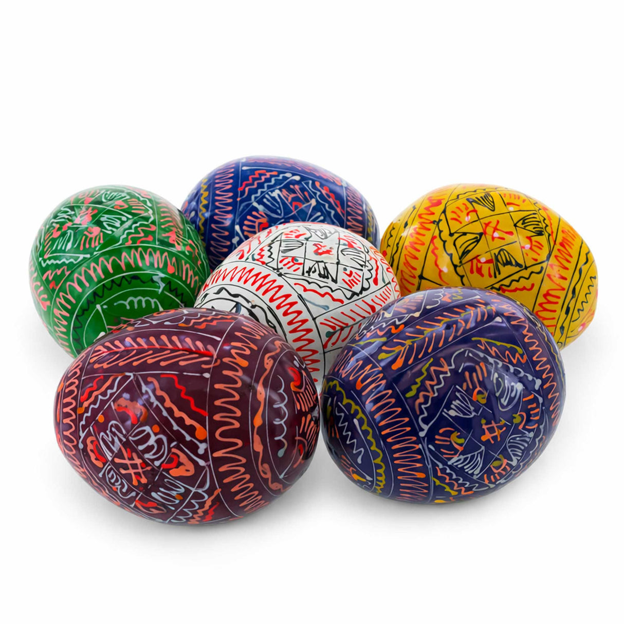 6 Hand Painted Geometric Ukrainian Wooden Easter Eggs Pysanky