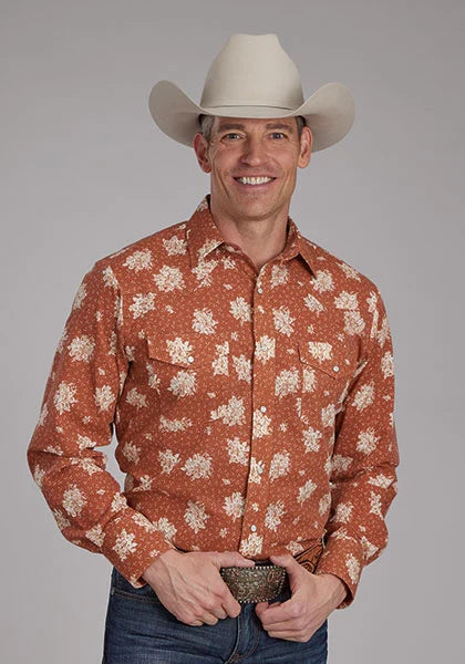 Roper 2282 Crema Floral (Naranja) - Camisa Vaquera de Hombre