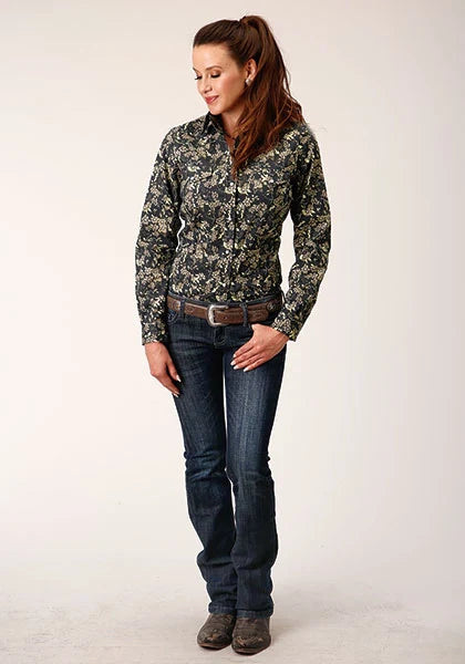 Camisa vaquera de mujer Roper 1720 con estampado floral vintage (negro)