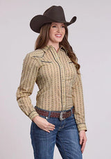Camisa vaquera de mujer Roper 2661 con estampado floral (color camel)