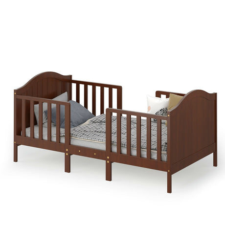 Cama convertible de madera 2 en 1 clásica para niños pequeños con 2 barandillas laterales para mayor seguridad
