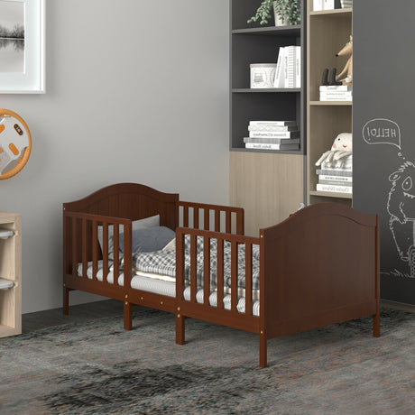 Cama convertible de madera 2 en 1 clásica para niños pequeños con 2 barandillas laterales para mayor seguridad