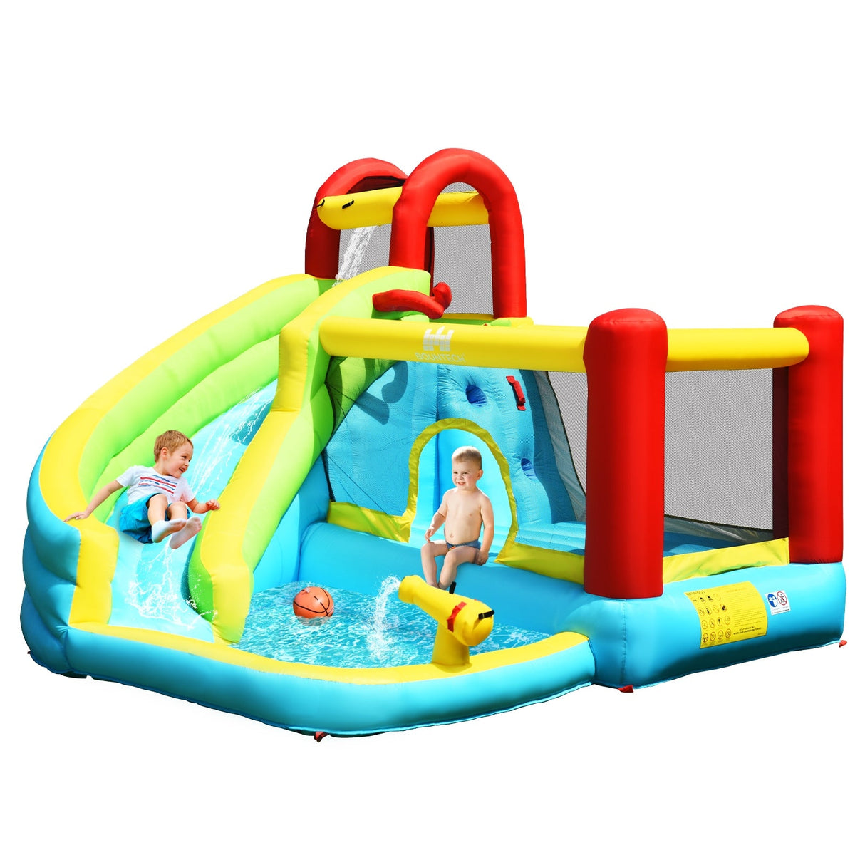 Castillo inflable 6 en 1 con muro de escalada y canasta de baloncesto sin soplador