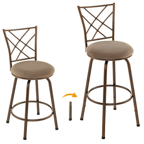 Juego de 2 taburetes de bar tapizados giratorios de tela afelpada - Marrón