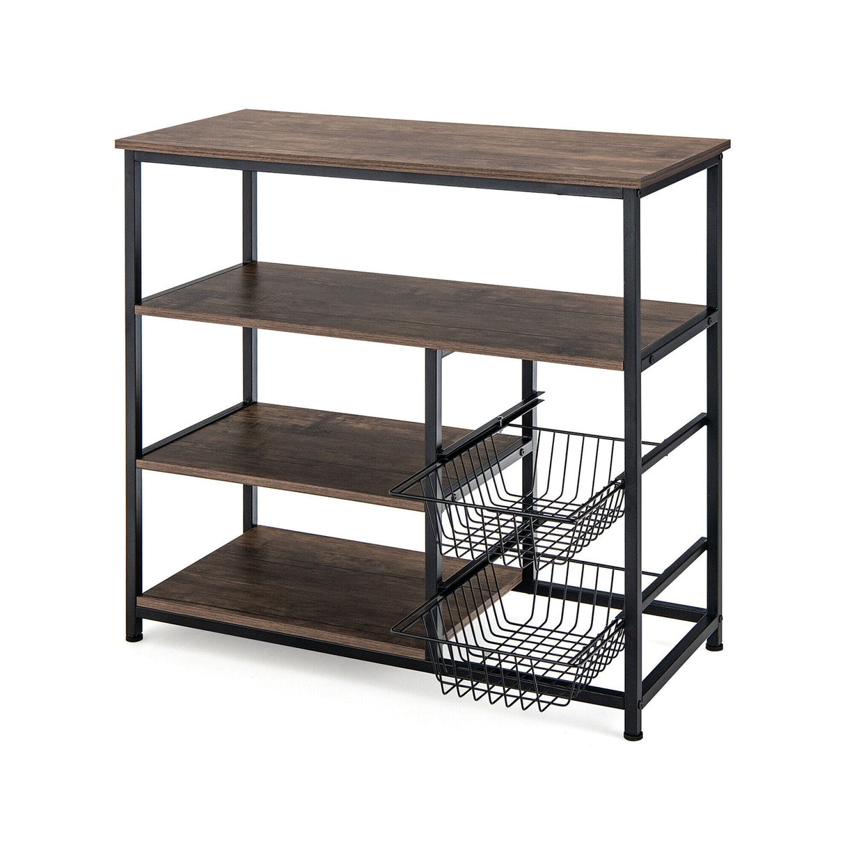 Estantería de cocina industrial de 4 niveles con 2 cestas de alambre - Marrón rústico