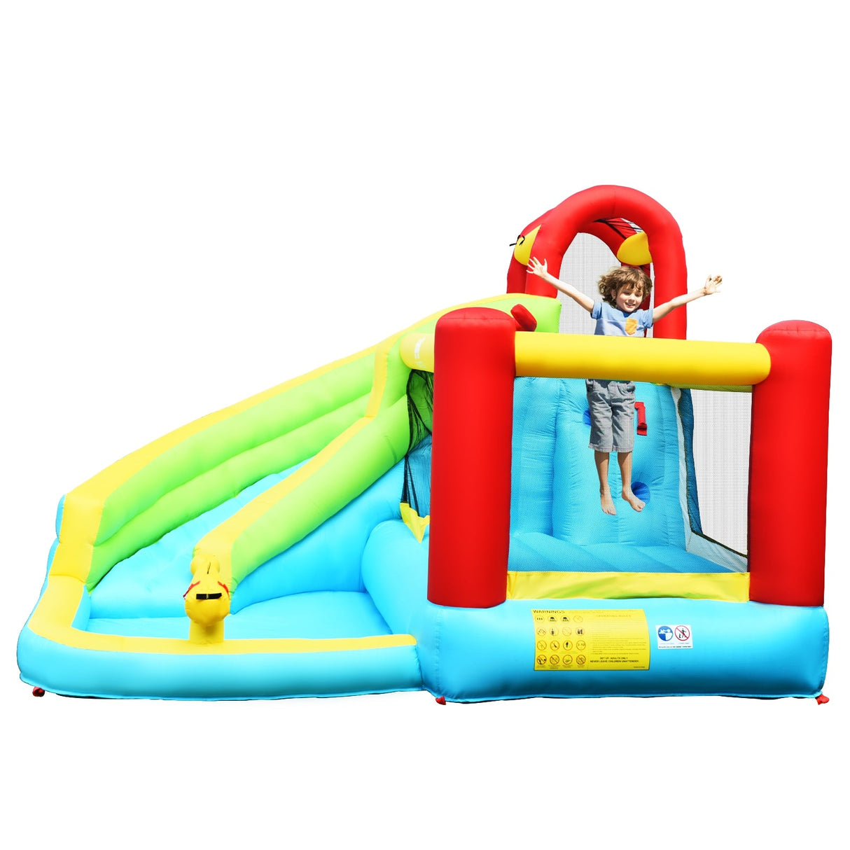 Castillo inflable 6 en 1 con muro de escalada y canasta de baloncesto sin soplador