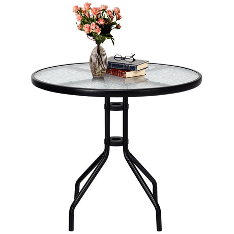 Mesa de exterior redonda de 32 pulgadas con tapa de cristal templado y agujero para sombrilla