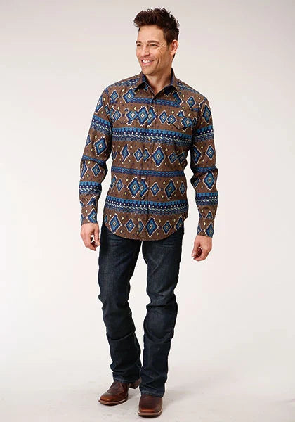 Camisa Vaquera de Hombre Roper 1265 Estampado Azteca Chocolate (Marrón)