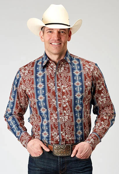 Camisa vaquera de hombre Roper 1893 con estampado azteca tropical (rojo)