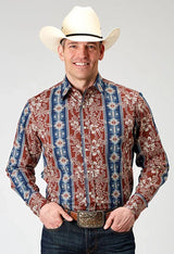 Camisa vaquera de hombre Roper 1893 con estampado azteca tropical (rojo)