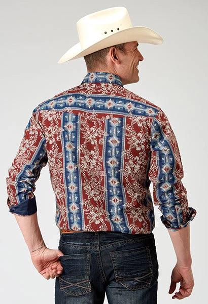 Camisa vaquera de hombre Roper 1893 con estampado azteca tropical (rojo)