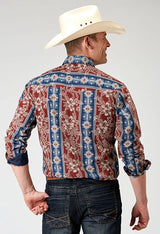 Camisa vaquera de hombre Roper 1893 con estampado azteca tropical (rojo)
