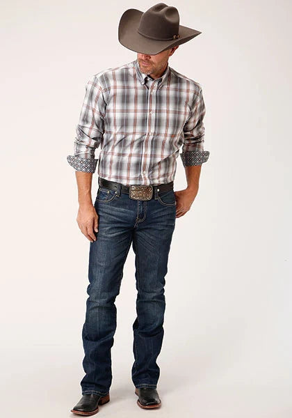 Roper 1457 Camisa vaquera de cuadros Smokey (Gris) para hombre