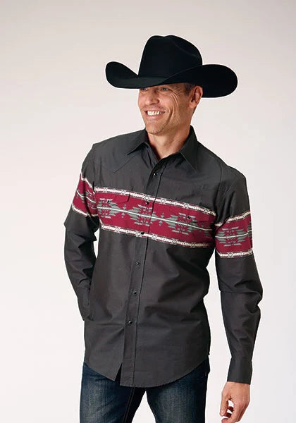 Camisa vaquera para hombre Roper 1812 Aztec Border (Negro)