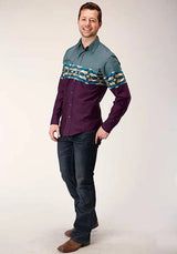 Camisa Vaquera Roper 1412 con Borde de Azulejos Aztecas (Vino) - Para Hombre