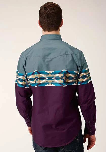 Camisa Vaquera Roper 1412 con Borde de Azulejos Aztecas (Vino) - Para Hombre