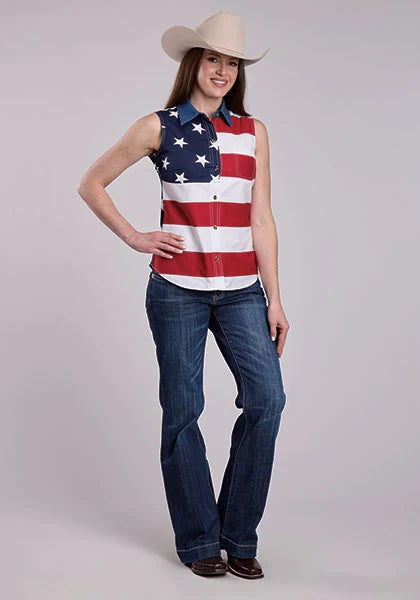 Roper Estrellas y Rayas a Retazos (Multi) - Camisa sin Mangas para Mujer