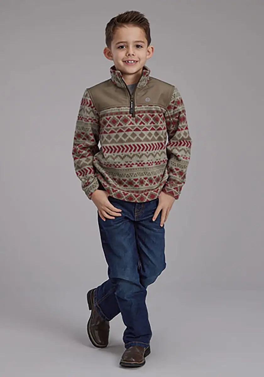 Chaqueta infantil de microfibra con estampado azteca Roper Boy's (verde oliva/rojo)