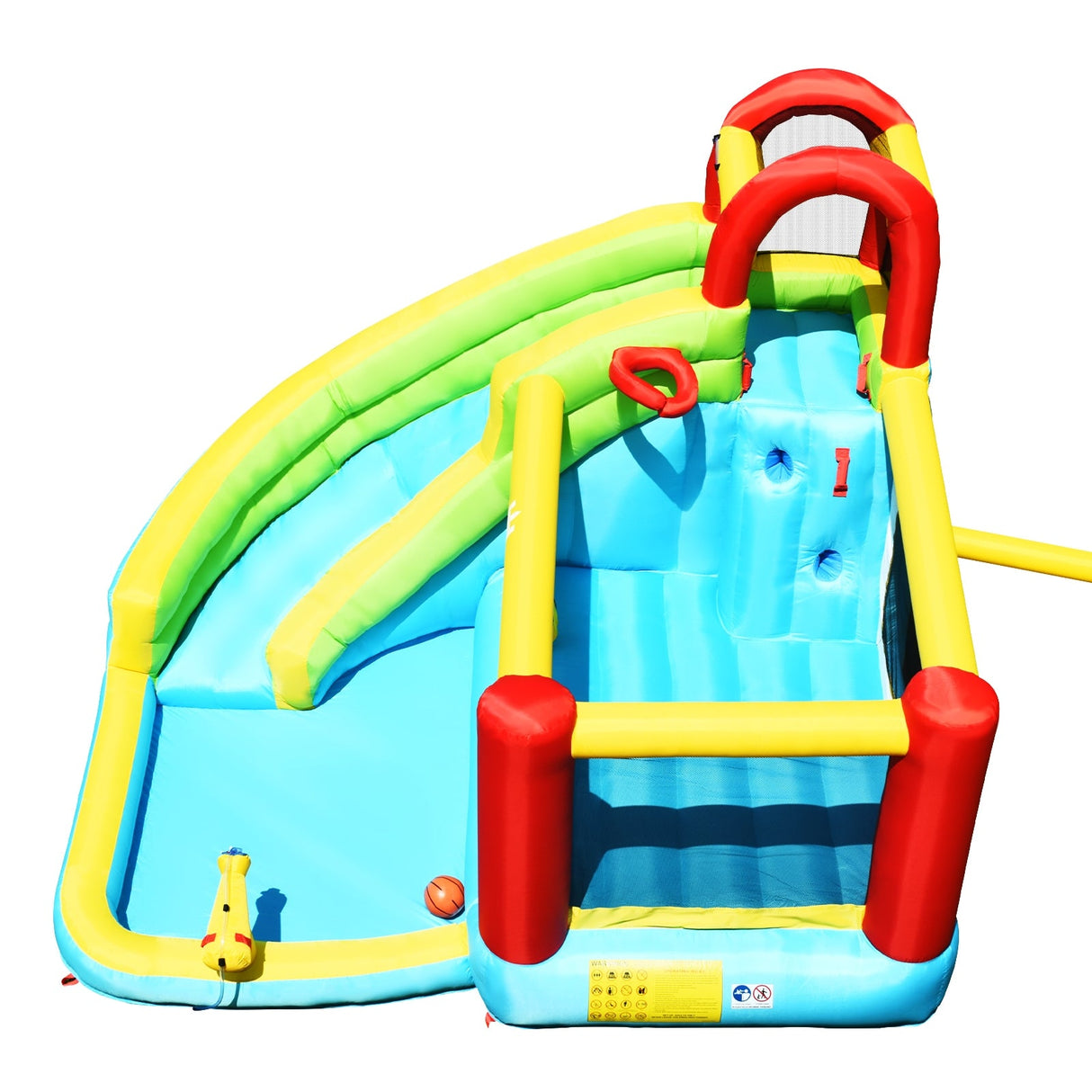 Castillo inflable 6 en 1 con muro de escalada y canasta de baloncesto sin soplador